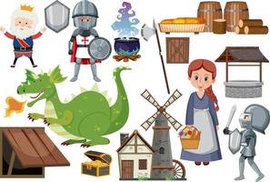 Medieval characters buildings set vector