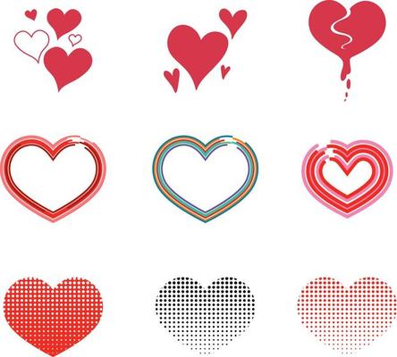 Different style of hearts isolated on white background