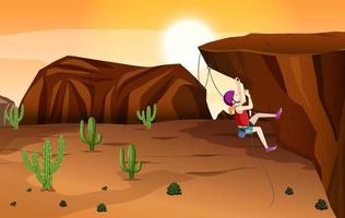 Rock climbing scene with girl climbing at sunset vector