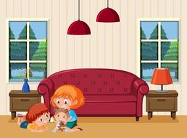 Living room scene with children cartoon character vector