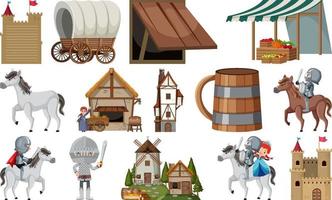 Medieval characters buildings set vector