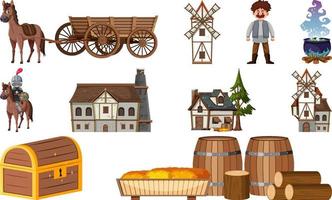 Medieval characters buildings set vector