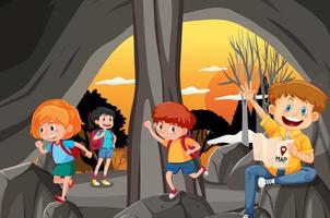 en la escena de la cueva con niños explorando el personaje de dibujos animados vector