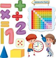 Math classroom objects with supplies and students vector