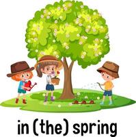 preposiciones de tiempo en inglés con escena de estaciones de primavera vector