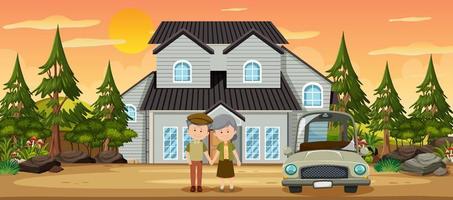 Old couple standing in front of the house vector