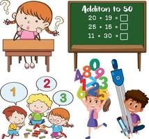 Math classroom objects with supplies and students vector