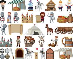 Medieval characters buildings set vector