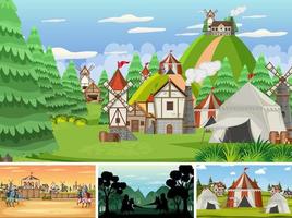 Set of different scene medieval with silhouette vector