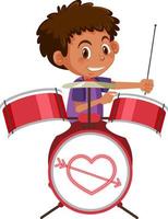 Cute boy playing drum on white background vector