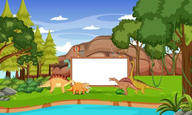 Prehistoric forest with empty board and dinosaur