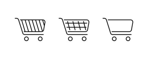 conjunto de 3 iconos de carrito de compras diferentes. colección de íconos web de varios íconos de carritos de compras en varias formas para la tienda en línea. agregar al carrito símbolos del sitio web, pictogramas de interfaz de usuario. Linea de arte. vector
