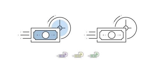 la transferencia rápida de dinero en horas es el ícono moderno. transferencia de dinero rápido. papel moneda y el icono de la aplicación. alternativamente, se han añadido diferentes colores. símbolos de diferente grosor. vector