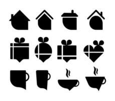 Cup, house and gift box location label. Icon set with speech bubble. Cup, gift box and house in various forms. Writing area label. Design in silhouette form. Editable drawing. Various icon set. vector