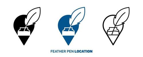 Feather pen location icon design logo. Silhouette, colorful and linear feather pen icon set. Creative location icon for your web mobile application logo design. Line vector illustration.