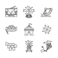 Festival ground, kite, confetti, camping, darts, event mask, stage and ornament icon set. Festival and event icon set. Linear icon set. vector