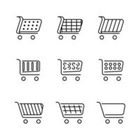 conjunto de 9 iconos de carrito de compras diferentes. colección de íconos web de varios íconos de carritos de compras en varias formas para la tienda en línea. agregar al carrito símbolos del sitio web, pictogramas de interfaz de usuario. Linea de arte. vector