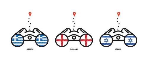 Country flags location icons. Viewing country locations with binoculars, location icons for travel. Flags of Greece, England, Israel. Editable stroke. vector