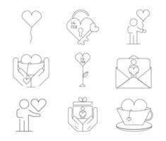 Icon icon set such as balloon from heart, gift box in hand, flower from heart. Gift icon set of 9. Valentine's day thin line icon set. modern line art. vector