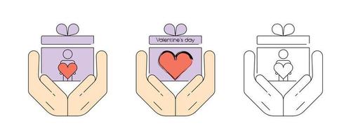 Gift box with heart in hand. Valentine thin line icon set. February 14 Valentine's Day. Simple february 14 black and color symbol on white. Web-design, logo design, banner banner. Vector Illustration