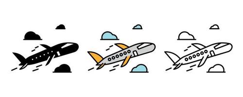 Airplane icon set. Set of drawings with airplane taking off among the clouds. Airplane related icon set. Silhouette, colorful and linear set. vector
