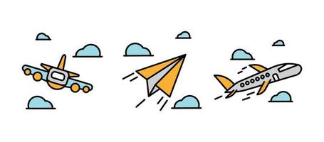 Airplane icon set. Cardboard airplane and jet plane drawing set among clouds. Airplane related icon set. Colorful linear set. vector
