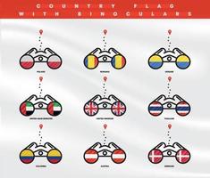 Country flags location icons. Viewing country locations with binoculars, location icons for travel. Flags of Colombia, Austria, Denmark, United Kingdom, Thailand and many countries. Editable stroke. vector