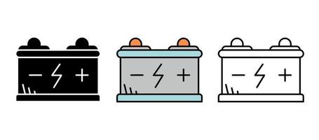 Vehicles battery and charging icon set. Battery with negative and positive polarity. Car parts line icons. Automobile manufacturing icon set. Silhouette, colorful and linear set. vector