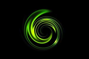 Glowing spiral tunnel with green light circle on black backdrop, abstract background photo