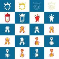 Big set of different medals and trophy crown icons logo. Big set of first, second and third place medals, winner and awards logo. Get vector icon illustration sign. Award vector icon. Modern logo art.