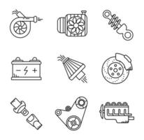 Vehicle engine cooling fan, engine belt, battery, belt, brake pad, air filter, car turbo and suspension, icon set. Car parts line icons. Automobile production icon set. Linear set. vector