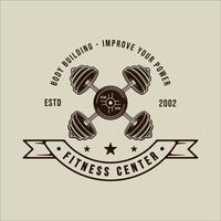 dumbbell or barbell logo vector vintage illustration template icon graphic design. gym or fitness sign or symbol for business sport gymnasium with banner and retro typography