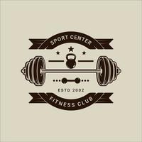 barbell and kettlebell logo vector vintage illustration template icon graphic design. gym or fitness sign or symbol for sport business gymnasium with banner and retro typography style