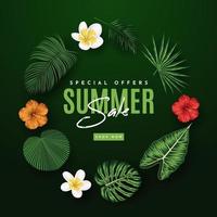 Summer Sale Banner With Tropical Leaves Background. Vector Illustration