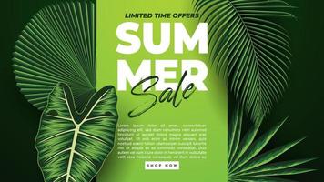 Summer Sale Banner With Tropical Leaves Background. Vector Illustration