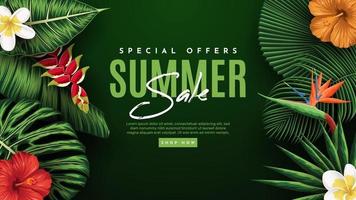 Summer Sale Banner With Tropical Leaves Background. Vector Illustration