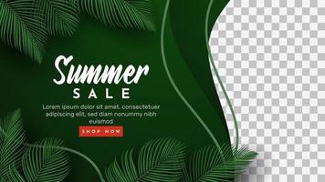 banner de venta de verano con fondo de hojas tropicales. ilustración vectorial