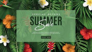 Summer Sale Banner With Tropical Leaves Background. Vector Illustration