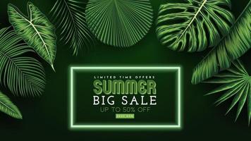 Summer Sale Banner With Tropical Leaves Background. Vector Illustration