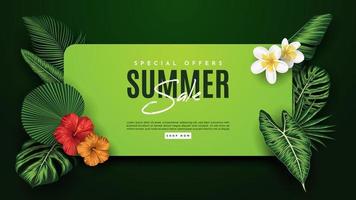 banner de venta de verano con fondo de hojas tropicales. ilustración vectorial vector