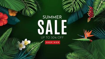 Summer Sale Banner With Tropical Leaves Background. Vector Illustration
