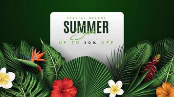banner de venta de verano con fondo de hojas tropicales. ilustración vectorial