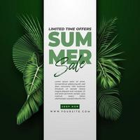 banner de venta de verano con fondo de hojas tropicales. ilustración vectorial vector