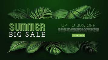 Summer Sale Banner With Tropical Leaves Background. Vector Illustration