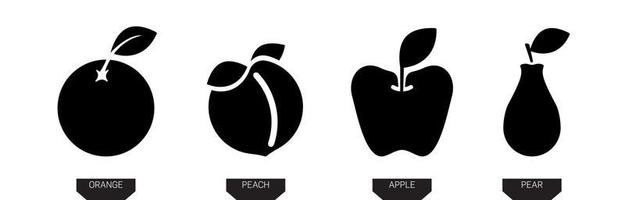 iconos de frutas. pera, manzana, naranja y melocotón silueta vector icono ilustración en color negro aislado sobre fondo blanco. icono de fruta silenciosa. diseño de arte de línea moderna.