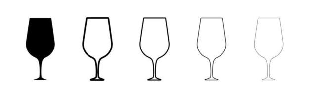 Wine glasses silhouette set. Different thickness glasses. Glass in black color isolated on white background. Silhouette drinking glass icon set. Modern line art design. vector