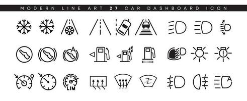 Vector icon set of vehicle dashboard indicators. Such symbols include headlights, petrol tank, automatic cruze control, warning and many other symbols. Editable line icon set.