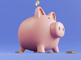 Golden coins putting to pink piggy save money on blue background for deposit and financial saving growth concept by 3d render. photo