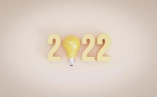 bombilla amarilla entre el número para 2022 idea de pensamiento creativo para comenzar el año nuevo sobre fondo amarillo por representación 3d. foto