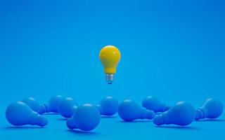 Yellow lightbulb floating from blue lightbulb on floor for creative thinking idea concept by 3d rendering. photo